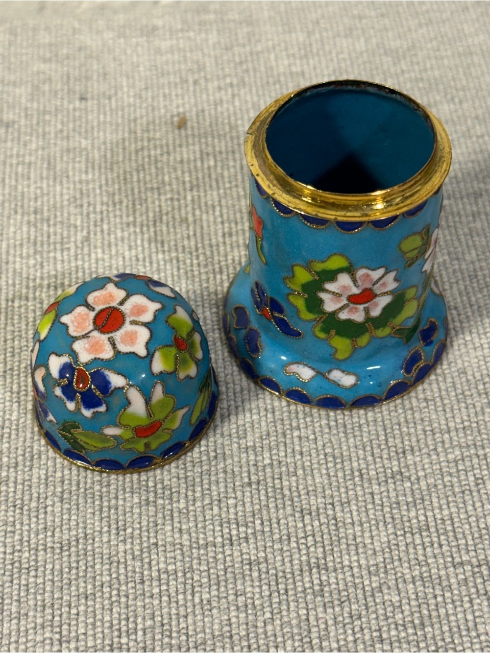 Vintage Chinese Cloisonné Blue Floral Miniature Lidded Jar Trinket Box